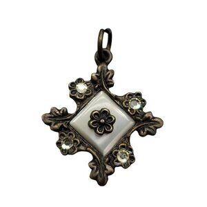 Floral Cross Pendant Mother of Pearl Center Rhinestone Corners Gunmetal Grey
